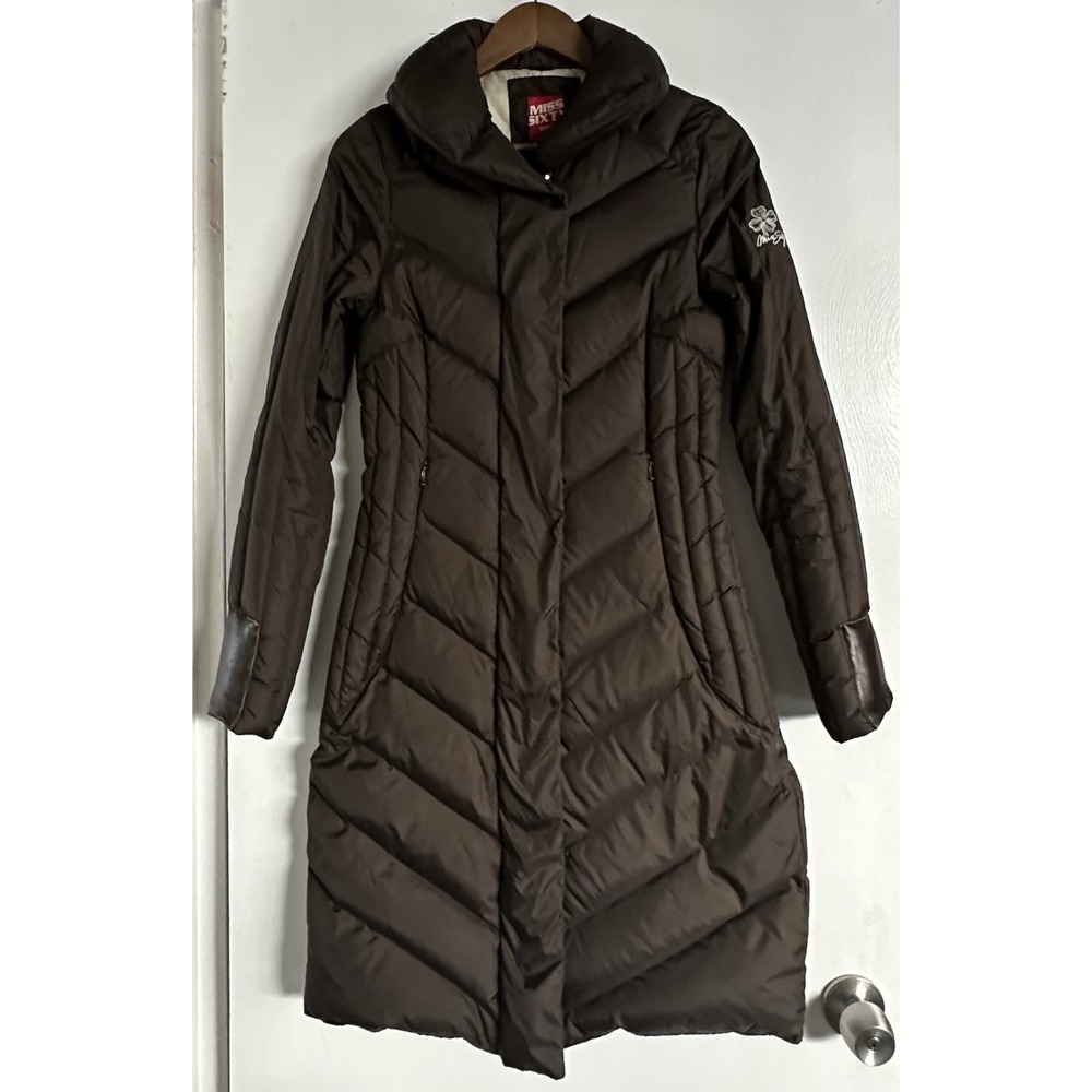 Y2K Miss Sixty Dark Brown Long Puffer Coat Down Chevron Design Leather Pieces